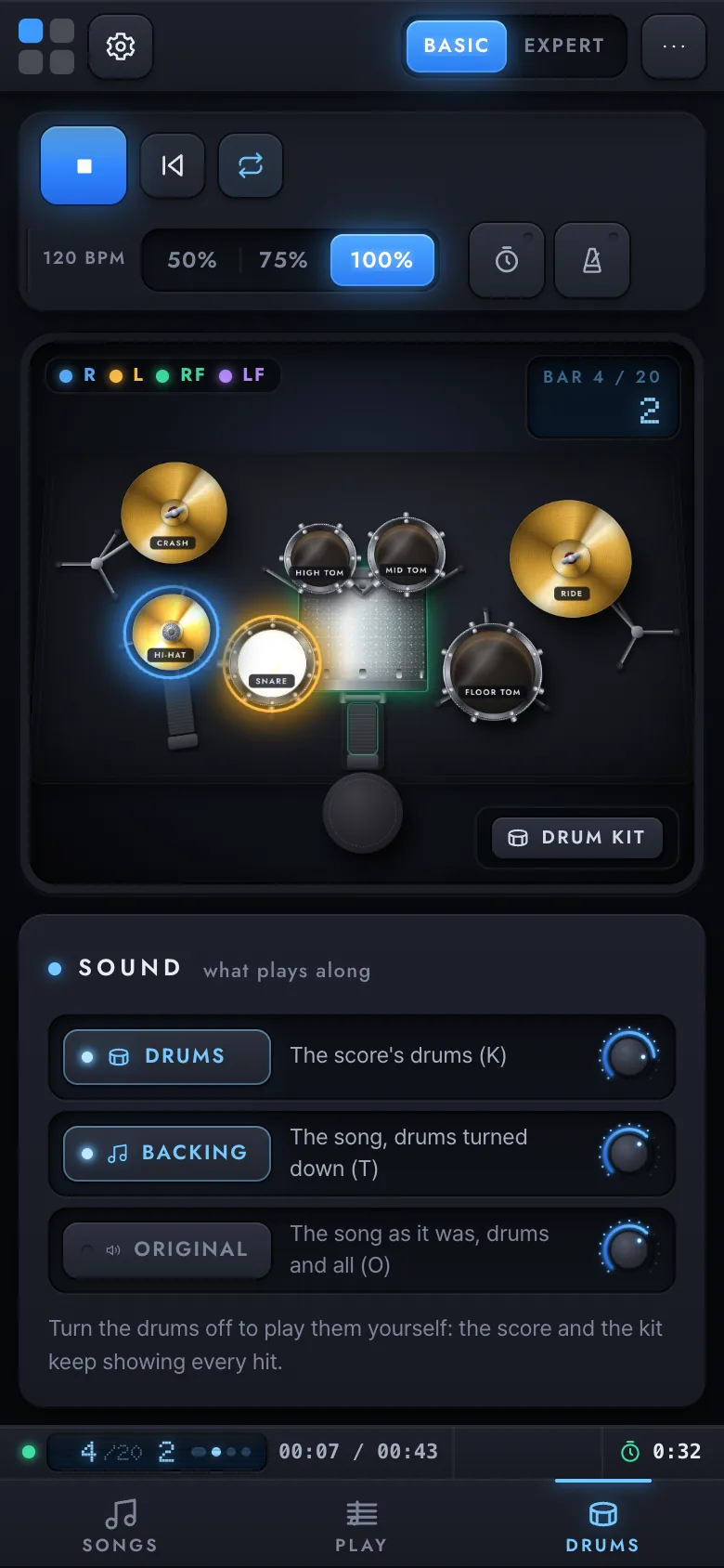 The Drums tab on a phone: the kit lighting the hi-hat, snare and kick as the song plays.