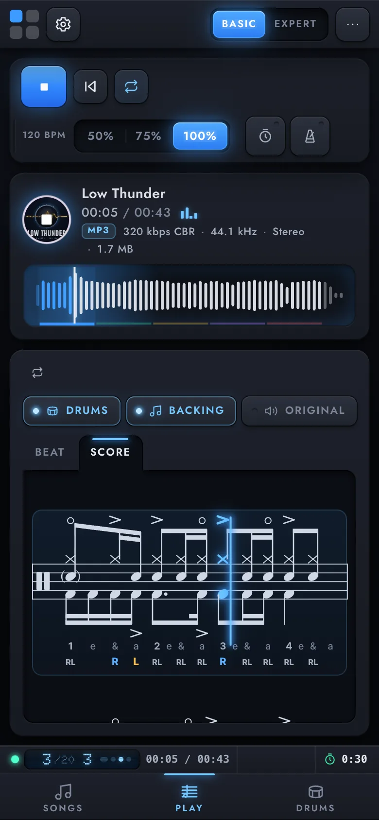 DrumFX on a phone: the song, its waveform and the score playing.