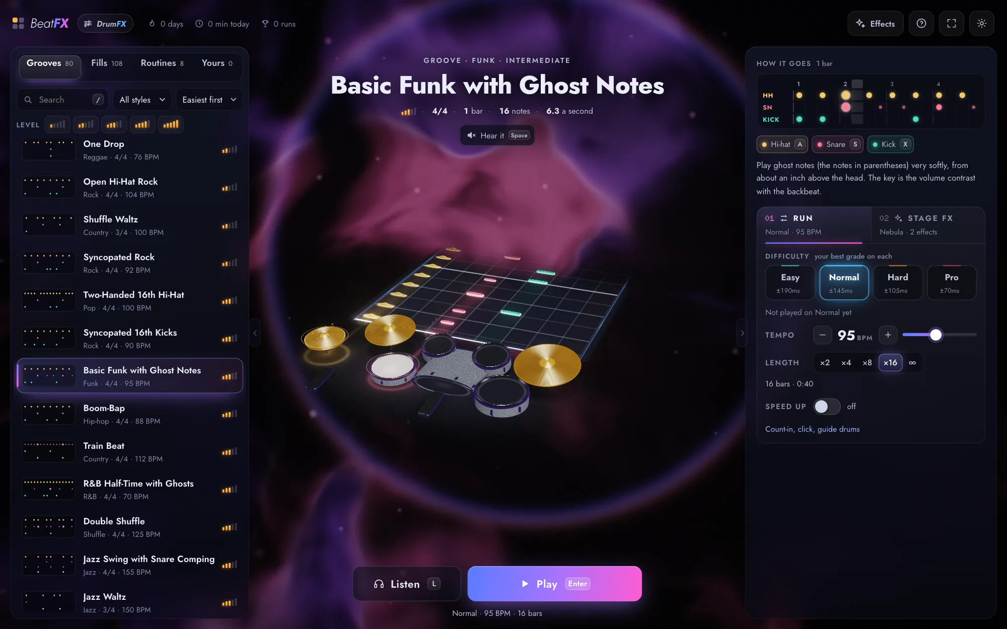 BeatFX's select screen: the library on the left, a groove picked on the stage, and the run's options on the right.