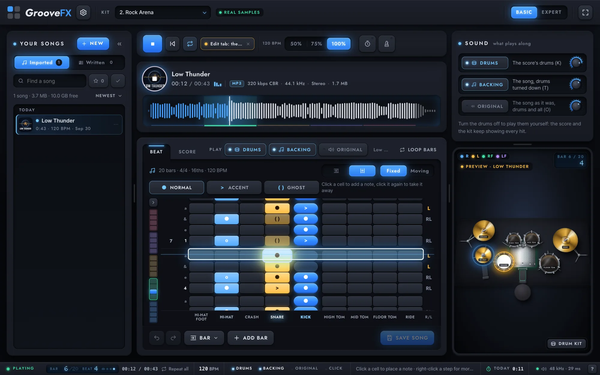 The step editor as a waterfall: the song's hits falling toward a glowing line, with the Normal, Accent and Ghost brushes above.