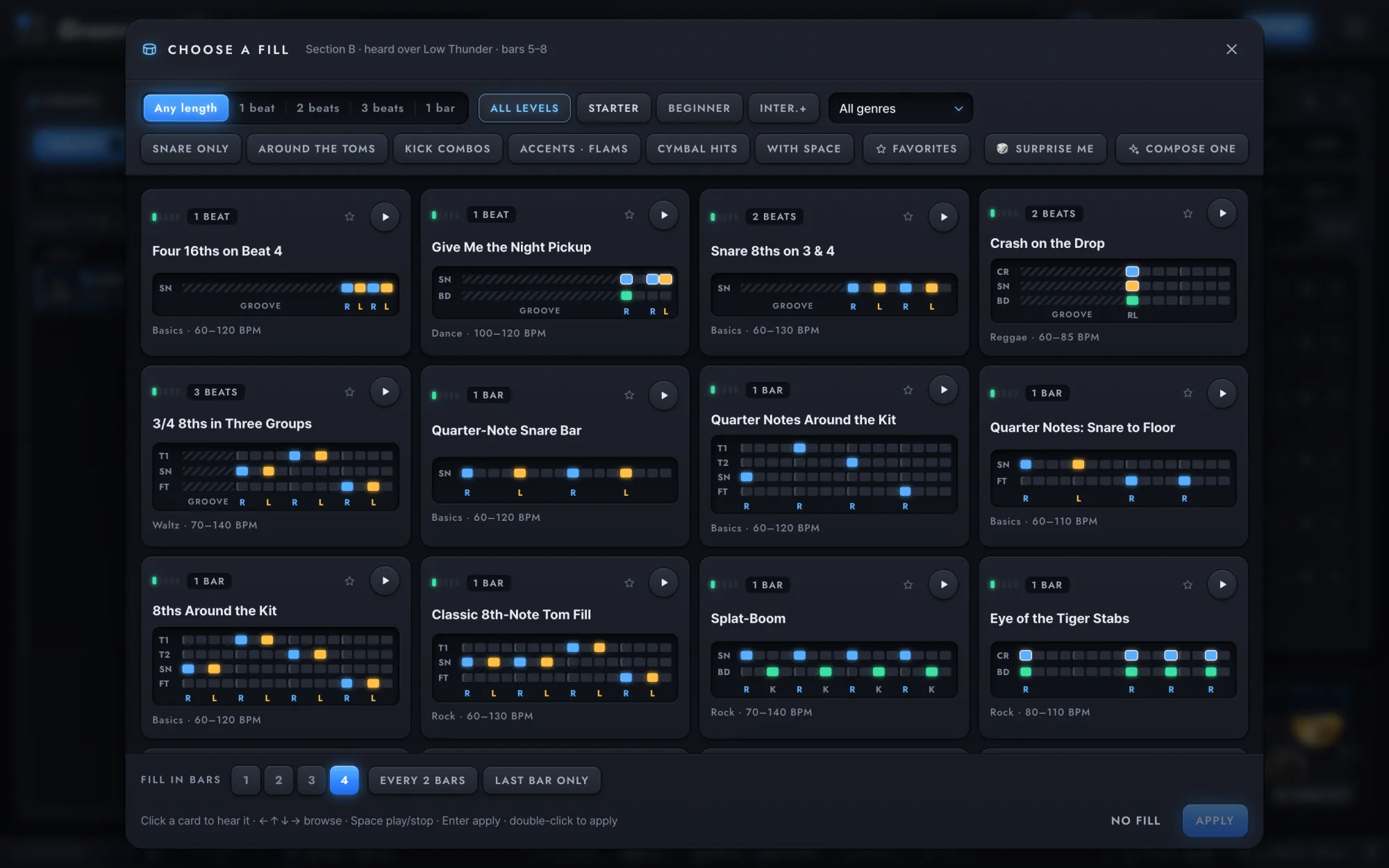 The fill picker: fills one beat to one bar long, each drawn on a small step grid, with filters by length, level and type.