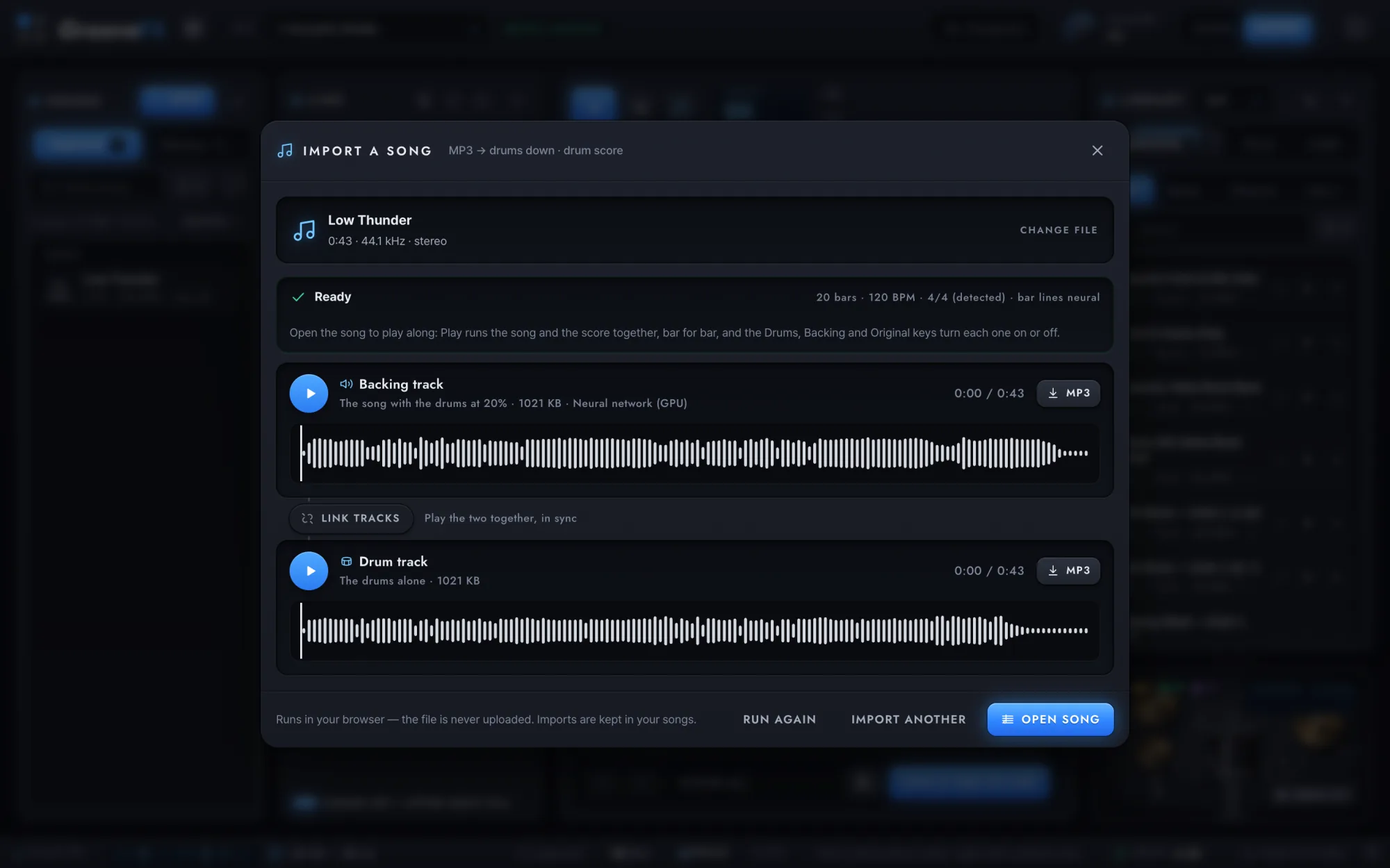 The import window after a song came in: its backing track with the drums turned down and the drum track on its own, each with a waveform.
