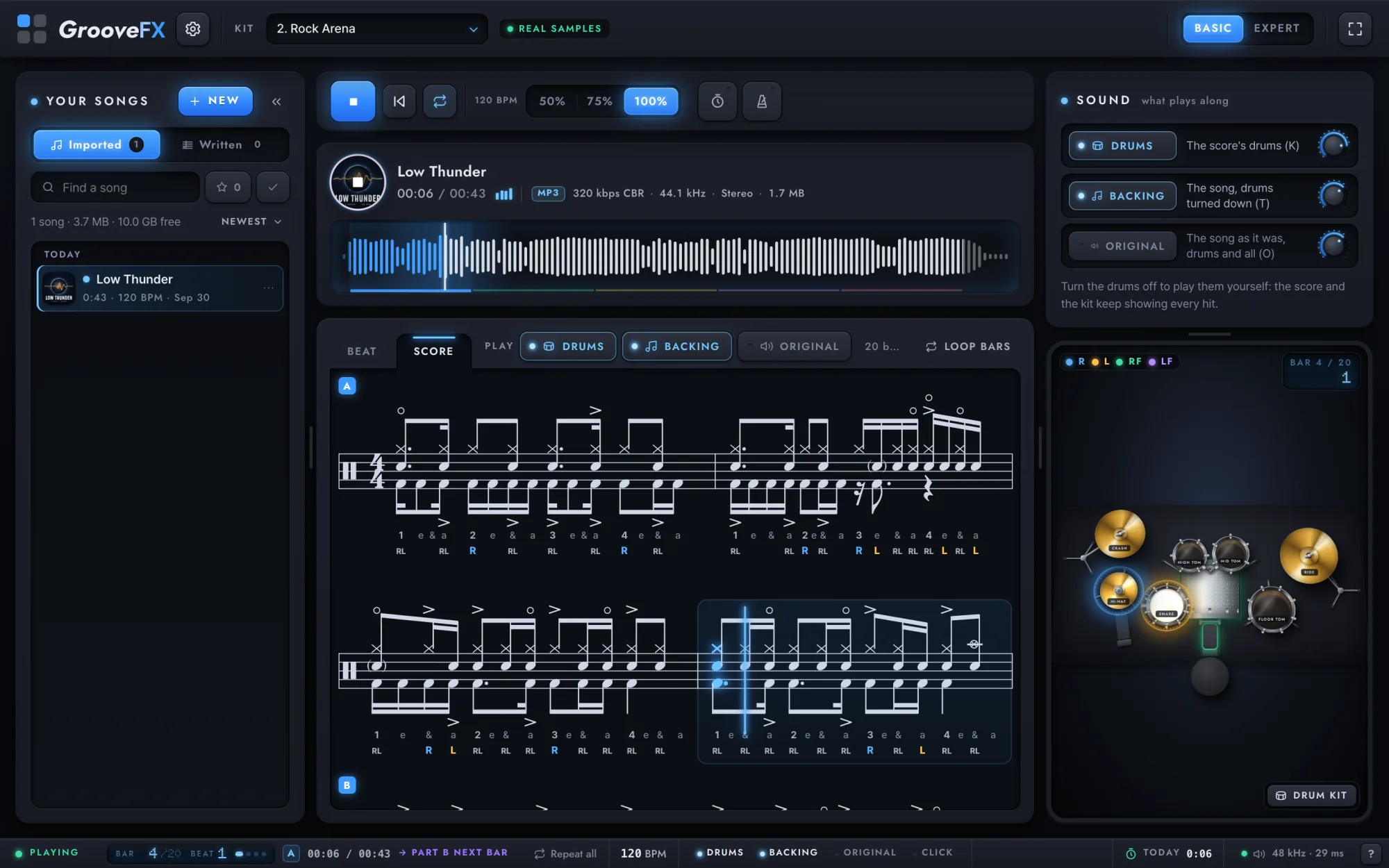 DrumFX playing the song Low Thunder: its waveform, the drum score with the cursor on the notes that play, and the kit lighting the hi-hat, snare and kick.